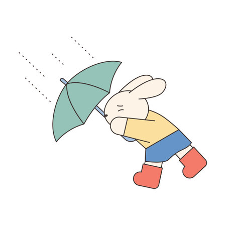 Rainy Day. A rabbit is walking against a strong wind with a strong umbrella. Simple illustration with outlines.のイラスト素材