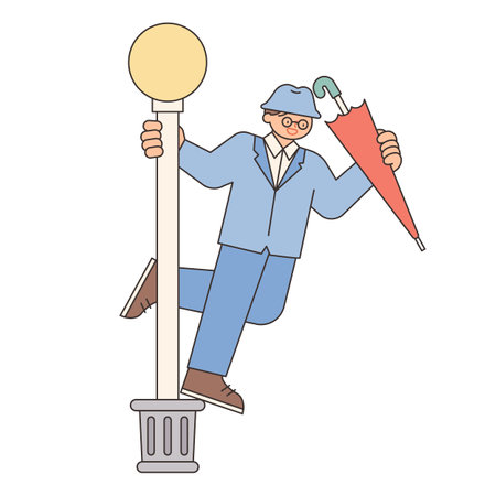 Rainy Day. A musical actor holding a lamppost and singing. Simple illustration with outlines.のイラスト素材