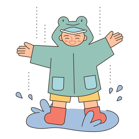 Rainy Day. A boy in a frog raincoat is playing in a puddle. Simple illustration with outlines.のイラスト素材