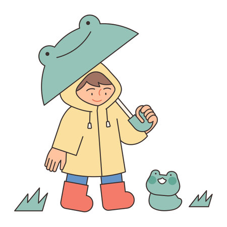 Rainy Day. A boy in a raincoat is wearing a frog umbrella and looking at a little frog. Simple illustration with outlines.のイラスト素材