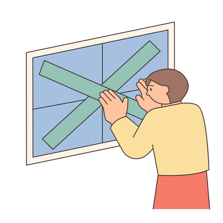 Rainy Day. A woman is putting tape on her windows in case of a typhoon. Simple illustration with outlines.のイラスト素材