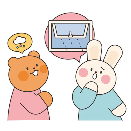 Rainy Day. The rabbit is worried when the bear tells the rain news. Simple illustration with outlines.のイラスト素材