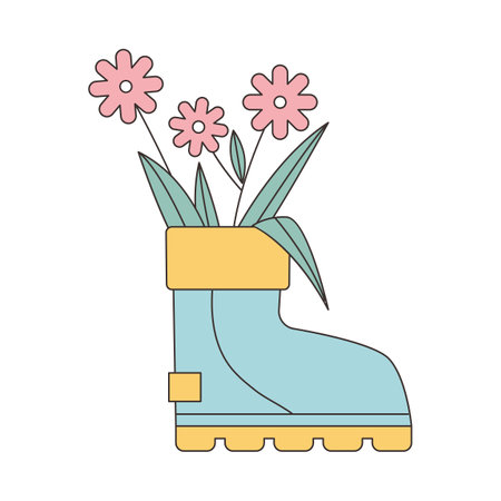 Rainy Day. Flowers are decorated in boots. Simple illustration with outlines.のイラスト素材