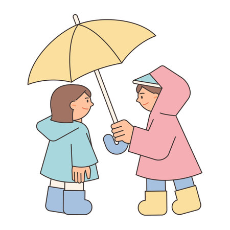 Rainy Day. A cute boy is putting an umbrella over a girl. Simple illustration with outlines.のイラスト素材