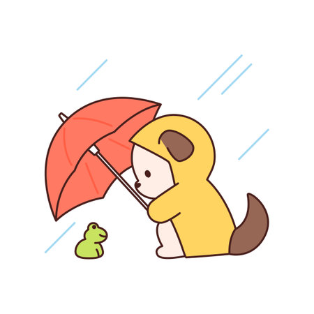 Rainy day. A cute puppy is putting an umbrella on a little frog. Simple flat design style illustration with outlines.のイラスト素材