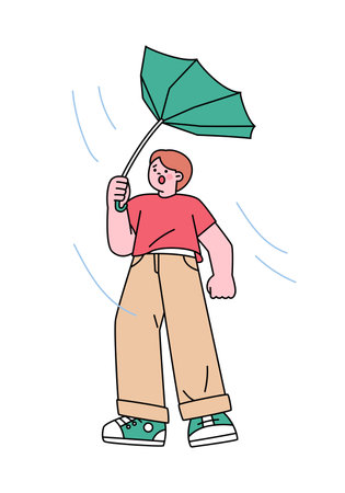People on the street on a rainy day. An umbrella held by a man was overturned by the wind. Simple flat design style illustration with outlines.のイラスト素材