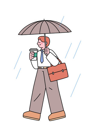 People on the street on a rainy day. An office worker walking with a coffee in one hand and an umbrella in the other. Simple flat design style illustration with outlines.のイラスト素材