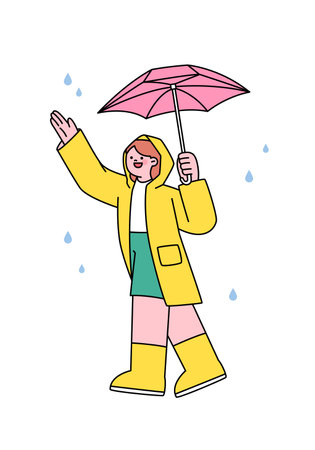 People on the street on a rainy day. A child wearing a raincoat is holding an umbrella and enjoying the rain. Simple flat design style illustration with outlines.のイラスト素材