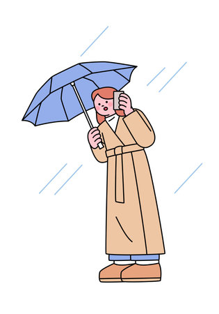 People on the street on a rainy day. A woman is holding an umbrella and making a phone call. Simple flat design style illustration with outlines.のイラスト素材