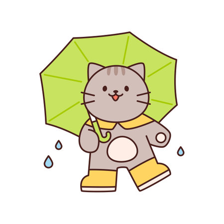 Rainy day. The kitten is having fun wearing an umbrella and wearing boots. Simple flat design style illustration with outlines.のイラスト素材