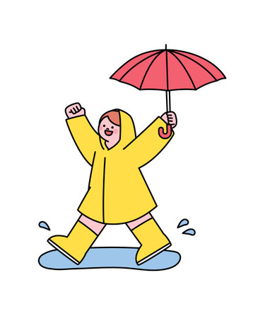 People on the street on a rainy day. A cute child wearing a raincoat and holding an umbrella is splashing in a puddle. Simple flat design style illustration with outlines.のイラスト素材