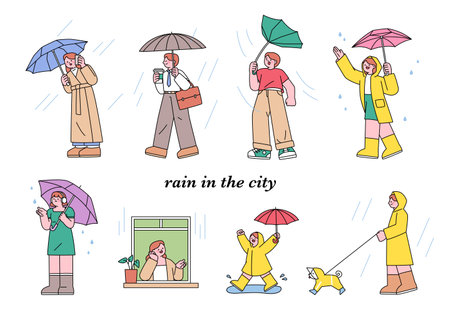 People on the street on a rainy day. Simple flat design style illustration with outlines.のイラスト素材