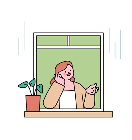 Rainy day. A woman is admiring the rain with one hand out the window. Simple flat design style illustration with outlines.のイラスト素材