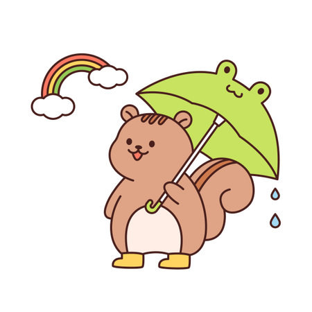 Rainy day. A squirrel with an umbrella is watching a rainbow. Simple flat design style illustration with outlines.のイラスト素材
