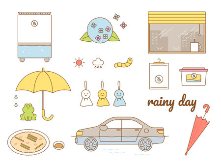 A collection of Asian objects on a rainy day.のイラスト素材