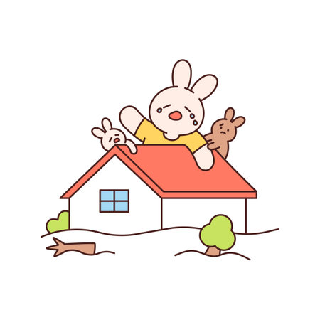 Rainy day. After the flood, the rabbit family took refuge on the roof. Simple flat design style illustration with outlines.のイラスト素材