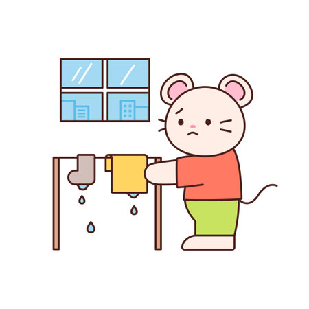 Rainy day. A mouse that is sad because the laundry is not dry. Simple flat design style illustration with outlines.のイラスト素材