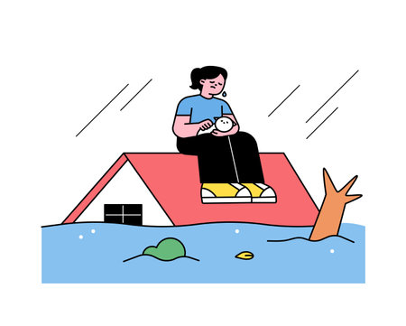 Rainy day. After flooding, a man sits on the roof with his dog. Simple flat design style illustration with outlines.のイラスト素材