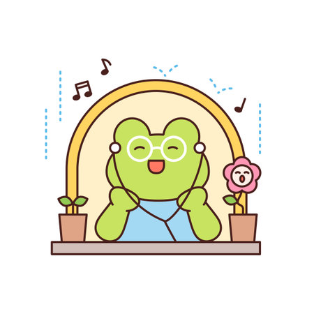 Rainy day. A frog is singing while watching the rain on the window. Simple flat design style illustration with outlines.のイラスト素材