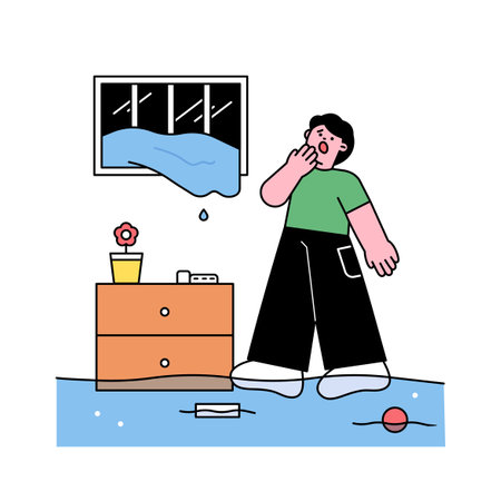 Rainy day. There is a flood and water is flooding into the house of a person who lives in an underground room. Simple flat design style illustration with outlines.のイラスト素材