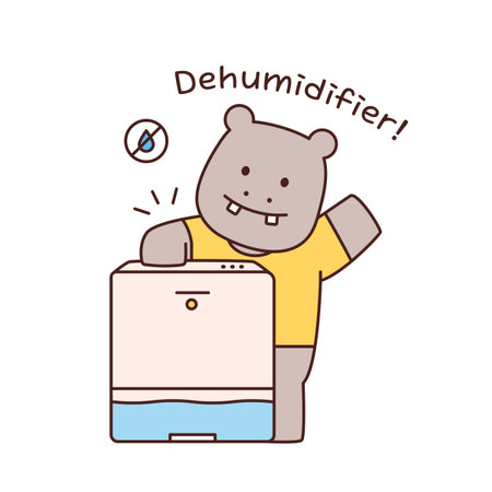Rainy day. A hippo using a dehumidifier. Simple flat design style illustration with outlines.のイラスト素材