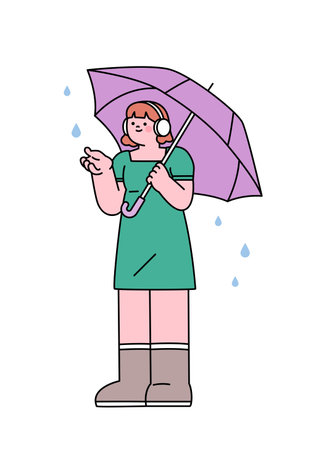 People on the street on a rainy day. A girl wearing a headset and holding an umbrella feels the rain. Simple flat design style illustration with outlines.のイラスト素材