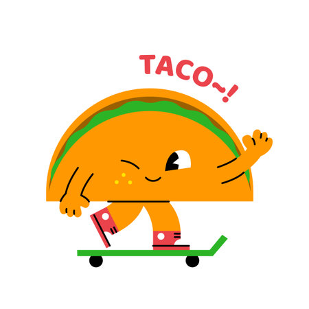 Cute abstract shapes characters. Half circle taco is riding a skateboard and saying hello.のイラスト素材