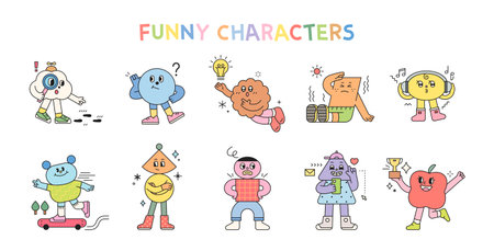 Cute abstract shapes characters express various emotions and actions.のイラスト素材