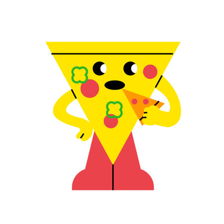Cute abstract shapes characters. A triangular pizza is eating a pizza.のイラスト素材
