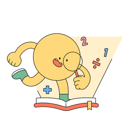 Cute shape character. A yellow circle is holding a magnifying glass and looking at knowledge in a book.のイラスト素材