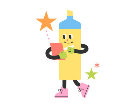 Cute school supplies characters. A highlighter pen is drawing lines on a note.のイラスト素材