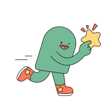 Cute shape character. A green figure is holding a star and running.のイラスト素材