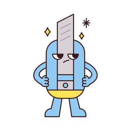 Cute school supplies characters. Cutter knife has his hand on his waist and has a confident expression.のイラスト素材