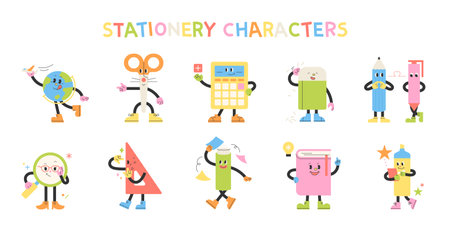 Cute school supplies characters collection.のイラスト素材