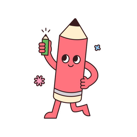 Cute school supplies characters. A pencil is holding a pencil in his hand and smiling.のイラスト素材