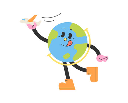 Cute school supplies characters. The globe is holding a plane and having fun.のイラスト素材