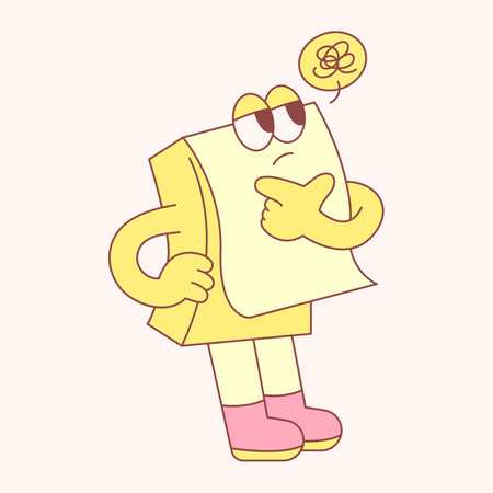 Cute school supplies characters. A sticky note is thinking with his hand on his chin.のイラスト素材