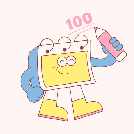 Cute school supplies characters. The notebook is holding a pencil.のイラスト素材
