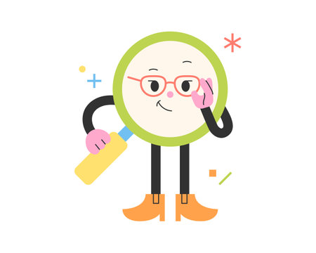 Cute school supplies characters. A magnifying glass with glasses is searching.のイラスト素材