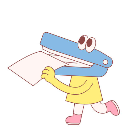 Cute school supplies characters. Stapler holding paper in mouth.のイラスト素材