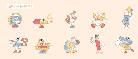 Cute school supplies characters. A collection of various actions.のイラスト素材