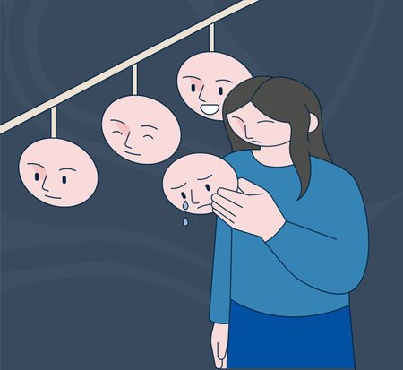 outline simple vector illustration. A woman is choosing one of several emotional masks.のイラスト素材