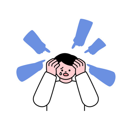 Many hands pointing towards a man and accusing him. outline simple vector illustration.のイラスト素材
