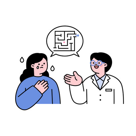 A woman is receiving a psychiatric consultation from a doctor. Her mind is like a maze. outline simple vector illustration.のイラスト素材