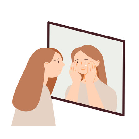 A woman is facing her inner self through a mirror. simple vector illustration.のイラスト素材