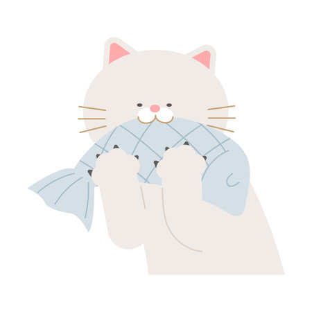 sea life illustration. A cat holding a fish in its hand and eating it.のイラスト素材