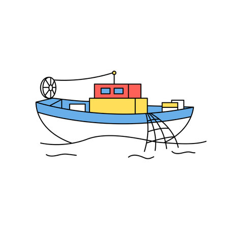 sea life illustration. A fishing boat catching fish with a net.のイラスト素材