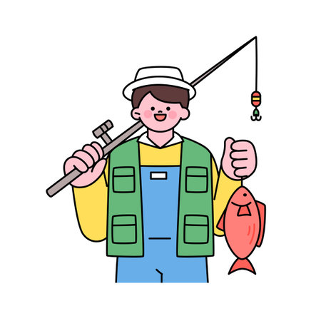 sea life illustration. A fisherman stands with his caught fish.のイラスト素材