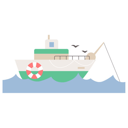 sea life illustration. fishing boat on the sea.のイラスト素材