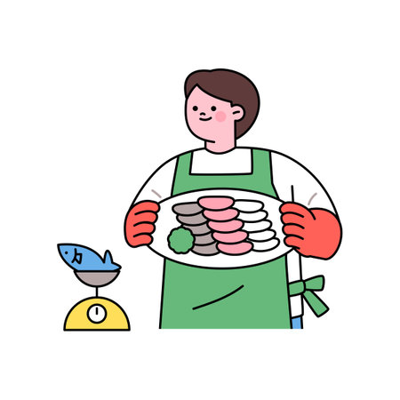sea life illustration. A fishmonger listening to a plate of fish dishes.のイラスト素材